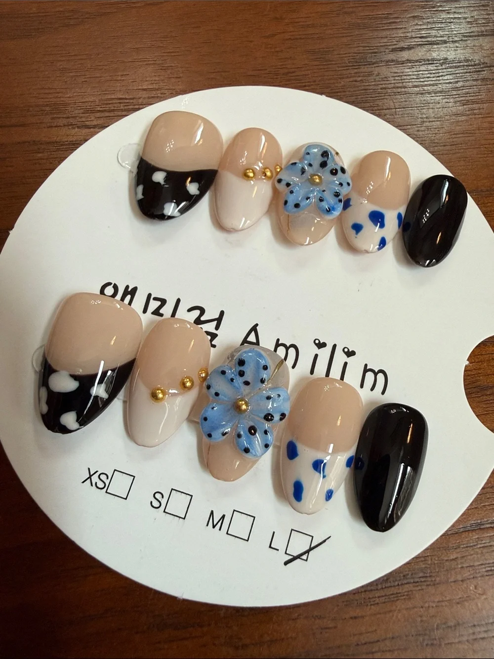 Handcrafted 3D Press-On Nails with Blue Floral Accents French tip large